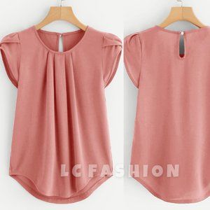 Minimalist shirt , Solid Pleated Cap Sleeve Curved Hem Shirt, Summer women's top
